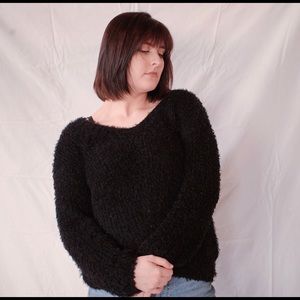 Black Fuzzy Popcorn Vneck Sweater